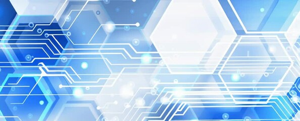 Poster - Abstract background with a hexagonal pattern and circuit board elements in blue and white color for a technology or digital concept Generative AI