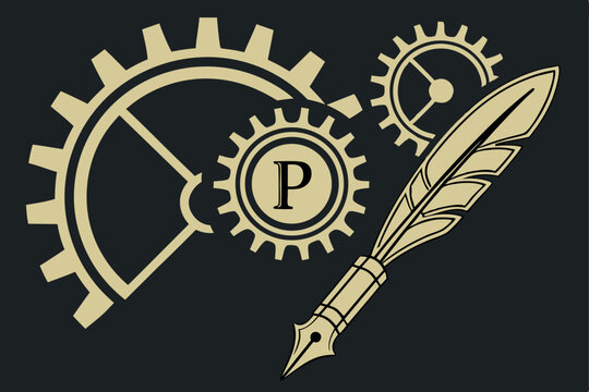 Steampunk Letter P with Gears and Quill Pen Illustration