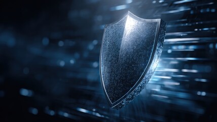 Poster - Digital shield glowing in a blue, abstract backdrop symbolizing protection and security.