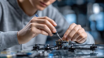Aufkleber - A man is working on a small drone