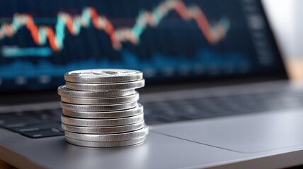 Poster - Stacked coins on a laptop with a financial chart in the background.