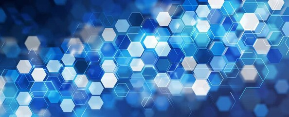 Poster - Abstract background with blue and white hexagons, circuit board patterns, vector illustration, or tech banner design evoke an atmosphere of modernity and technological innovation Generative AI