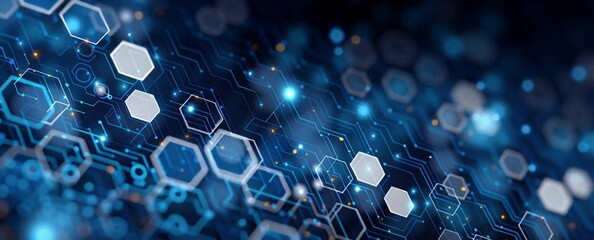Poster - Abstract background with blue and white hexagons, circuit board patterns, vector illustration, or tech banner design evoke an atmosphere of modernity and technological innovation Generative AI