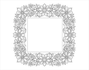 Fototapete - Hand-drawn floral square frame. Doodle flowers create a decorative border. A coloring book for adults and older kids. Editable vector art.