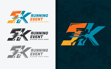 Poster - 5k running event symbol, A modern emblem showcasing a stylized runner combined with the number 5K, representing sport, competition, and determination.