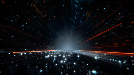 Fototapete - Abstract Digital Space: The image captures a dynamic digital landscape, depicting a high-speed journey through space with an abundance of light and energy.