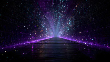 Poster - Tunnel of Light: A mesmerizing visual journey through a tunnel aglow with radiant purple and turquoise light. The image captures a sense of depth and invites the viewer into an immersive experience.