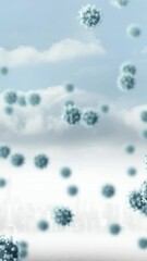 Poster - Animation of covid 19 cells floating over distant cityscape and clouds in background