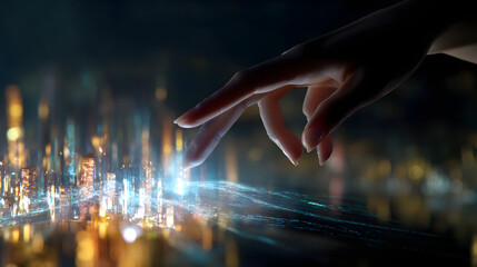 Fototapete - Digital Touch: A close-up of a hand delicately interacting with a futuristic, luminous cityscape, symbolizing innovation, technology, and the interconnected world.