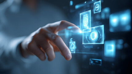 Poster - Innovation at your Fingertips: A close-up perspective showcases a finger interacting with an advanced digital interface, illuminating the dynamic convergence of technology and user experience.