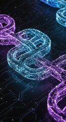 Poster - Digital Blockchain Chain with Neon Blue and Purple Lights on Dark Background