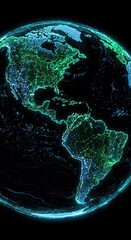Poster - Digital Earth Globe with Bright Green and Blue Lights Showing North and South America