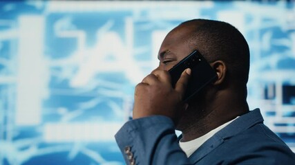 Poster - Business IT technician engaged in a phone call about deep learning tasks, surrounded by a virtual interface showcasing AI research, network connectivity and high tech innovation. Camera B.