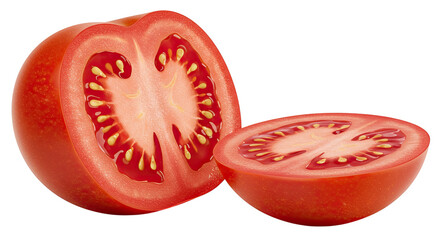 Poster - Freshly sliced juicy tomato halves showcasing vibrant color and seeds