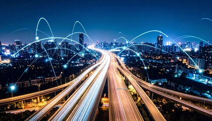 Futuristic data stream highway through city at night, digital technology concept