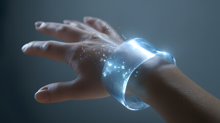 Poster - Futuristic Technology Interface: An augmented reality wristband adorns a human wrist, glowing with luminous blue light and offering a glimpse into seamless interaction with technology.