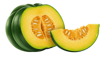 Poster - Green acorn squash with a wedge showing the seeds and yellow flesh inside