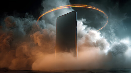 Poster - Mystical Modernity: A sleek smartphone, center stage, enveloped by captivating smoke and radiant light effects, blends technology with artistic flair.