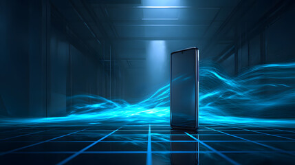 Fototapete - Technological Luminescence: A sleek, contemporary phone stands centered amidst an abstract digital landscape, where neon blue streams of data flow, giving the impression of innovation and connection.