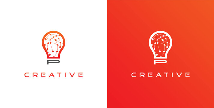 Modern Technology Light Bulb Logo Design Concept, Initial P Logo Template