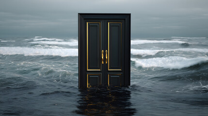 Poster - Mysterious Door in Tempestuous Sea: A dark, elegant door, partially submerged in a turbulent sea under a stormy sky, evokes a sense of mystery and the unknown.