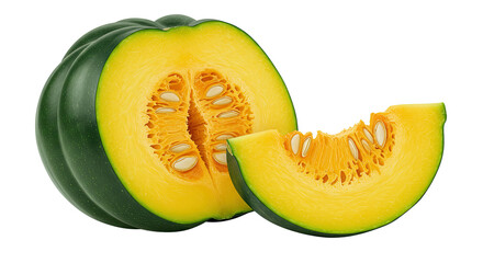 Poster - Sliced acorn squash with seeds showcases vibrant yellow and green colors
