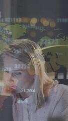 Poster - Animation of financial data processing over caucasian businesswoman using computer