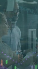 Poster - Animation of financial data processing over diverse business people taking notes