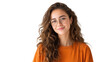 © kageyama - A young woman with curly hair and glasses smiling warmly at the camera. wearing an orange sweater. standing against a plain white wall. conveying a sense of confidence and approachability