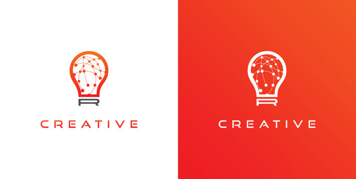 Modern Technology Light Bulb Logo Design Concept, Initial R Logo Template