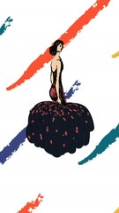Poster - Animation of fashion drawings of women's outfits over colourful lines on white background