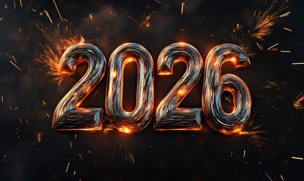 Metallic 2026 burning text with sparks and fire celebrating new year's eve on a dark background