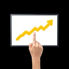 Poster - Hand Holding Tablet Displaying Yellow Upward Arrow Trend Graph for Business Growth and Success Visuals