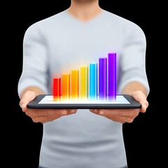 Poster - Hands Holding Tablet Displaying Rising Bar Graphs Representing Growth, Success, and Data Analysis in a Digital Environment