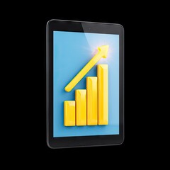 Fototapete - Modern Tablet Displaying Growing Bar Graph with Bright Yellow Arrow Symbolizing Success and Progress in Business Data Analysis