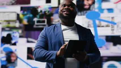 Poster - Young black person connecting to global social networks apps through mobile devices, opening platforms online on the dashboard. Communication and multitasking on social media. Camera B.
