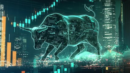 Poster - A futuristic bull emerges from a data cloud with a rising stock chart enveloping it encapsulating the spirit of free enterprise amid a glowing urban horizon.