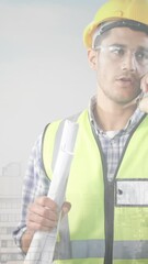 Poster - Animation of cityscape over caucasian male worker
