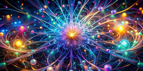 Wall Mural - A vibrant, luminous abstract floral design featuring radiant, multicolored energy strands and glowing orbs, creating a mesmerizing spectacle of light and color.