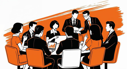 Poster - Business people working together at conference table discussing charts and reports