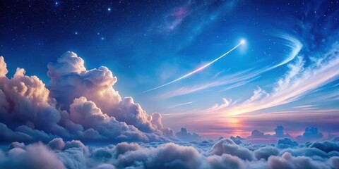 Wall Mural - Celestial Serendipity A Dreamlike Sunrise Over a Sea of Clouds with a Radiant Comet Streaking Across the Starlit Sky