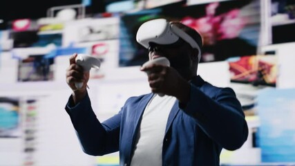 Poster - African american influencer using virtual reality glasses in mobile apps world, examining cloud data, visual content and emphasizing presence across tech platforms and social networks. Camera B.