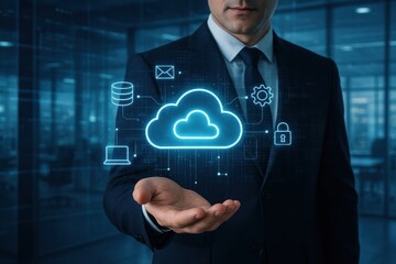 Fototapete - Cloud Computing and Business Vision: A suited individual delicately holds a glowing cloud graphic, symbolizing data management, internet security, and the future of IT.