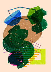 Poster - Risograph Dollar Sign with speech bubble with geometric shapes. Objects in trendy riso graph print texture style design with geometry elements.
