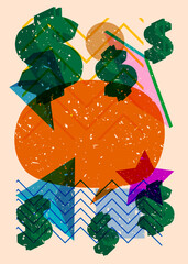 Poster - Risograph Dollar Sign with speech bubble with geometric shapes. Objects in trendy riso graph print texture style design with geometry elements.