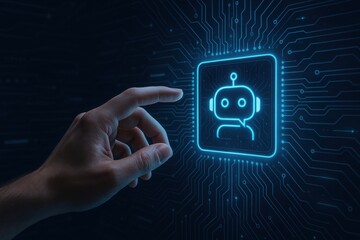 Fototapete - Digital Interaction: A modern depiction of technological advancement, where a human hand engages with a glowing chatbot icon on a digital circuit board background.