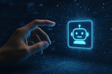 Fototapete - Touch of Innovation: A hand interacting with a glowing bot icon on a complex circuit board.