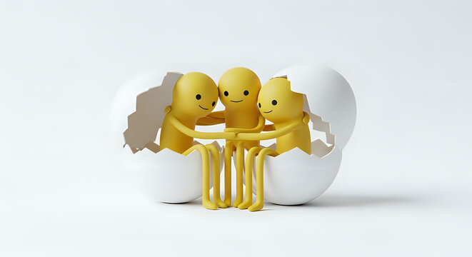 Three yellow figures hugging inside cracked white eggs on a white surface in a studio setting