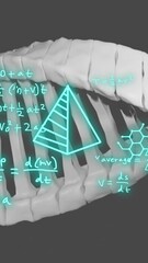 Poster - Animation of dna strand, mathematical formulae and scientific data processing over grey background