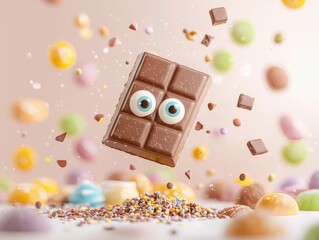 Poster - A whimsical pastel toned of a cheerful chocolate bar character with eyes floating amidst a dynamic composition of colorful candies and sweets creating a playful surreal and delightful scene